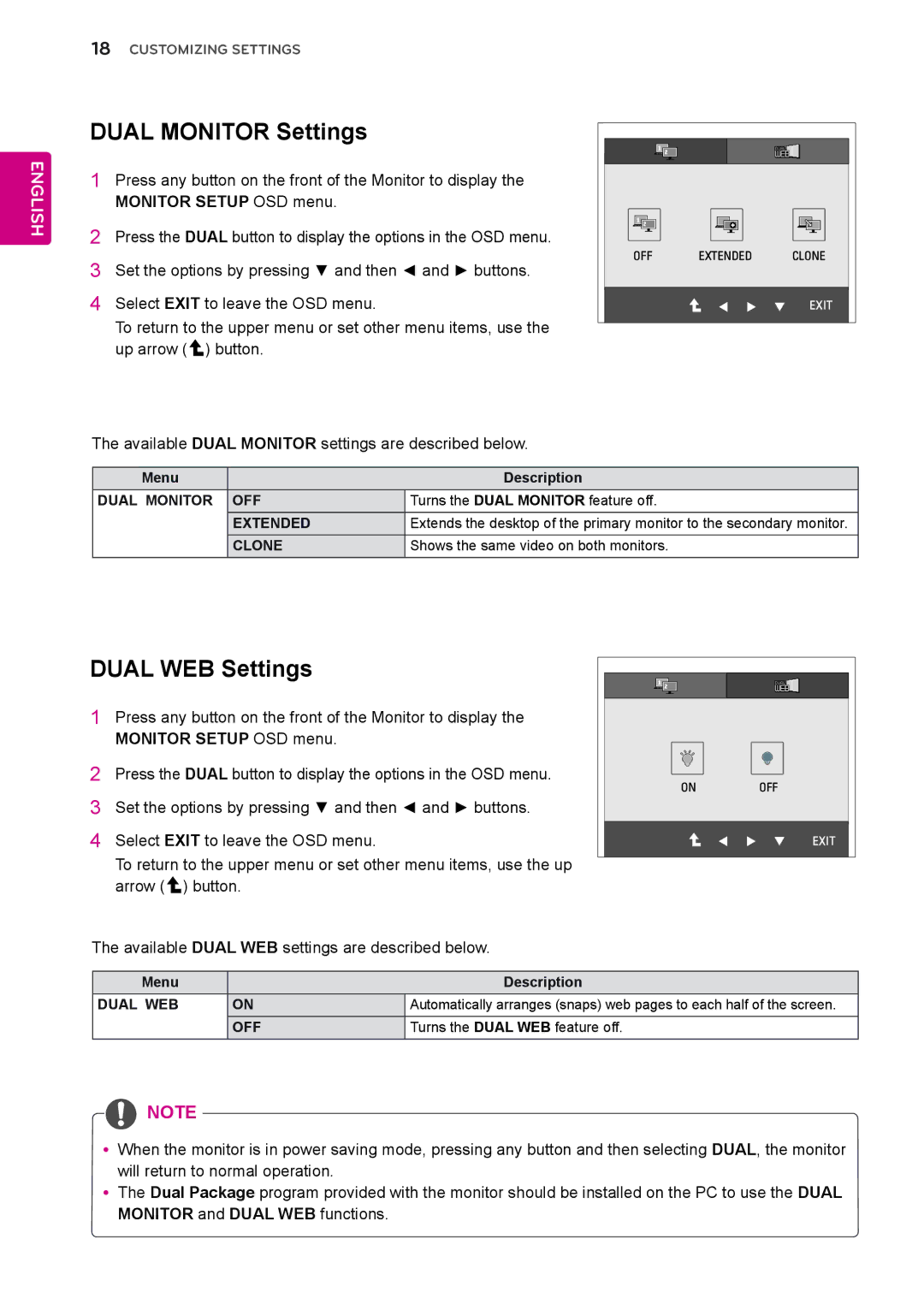 LG Electronics E2351TC Dual Monitor Settings, Dual WEB Settings, Available Dual Monitor settings are described below 