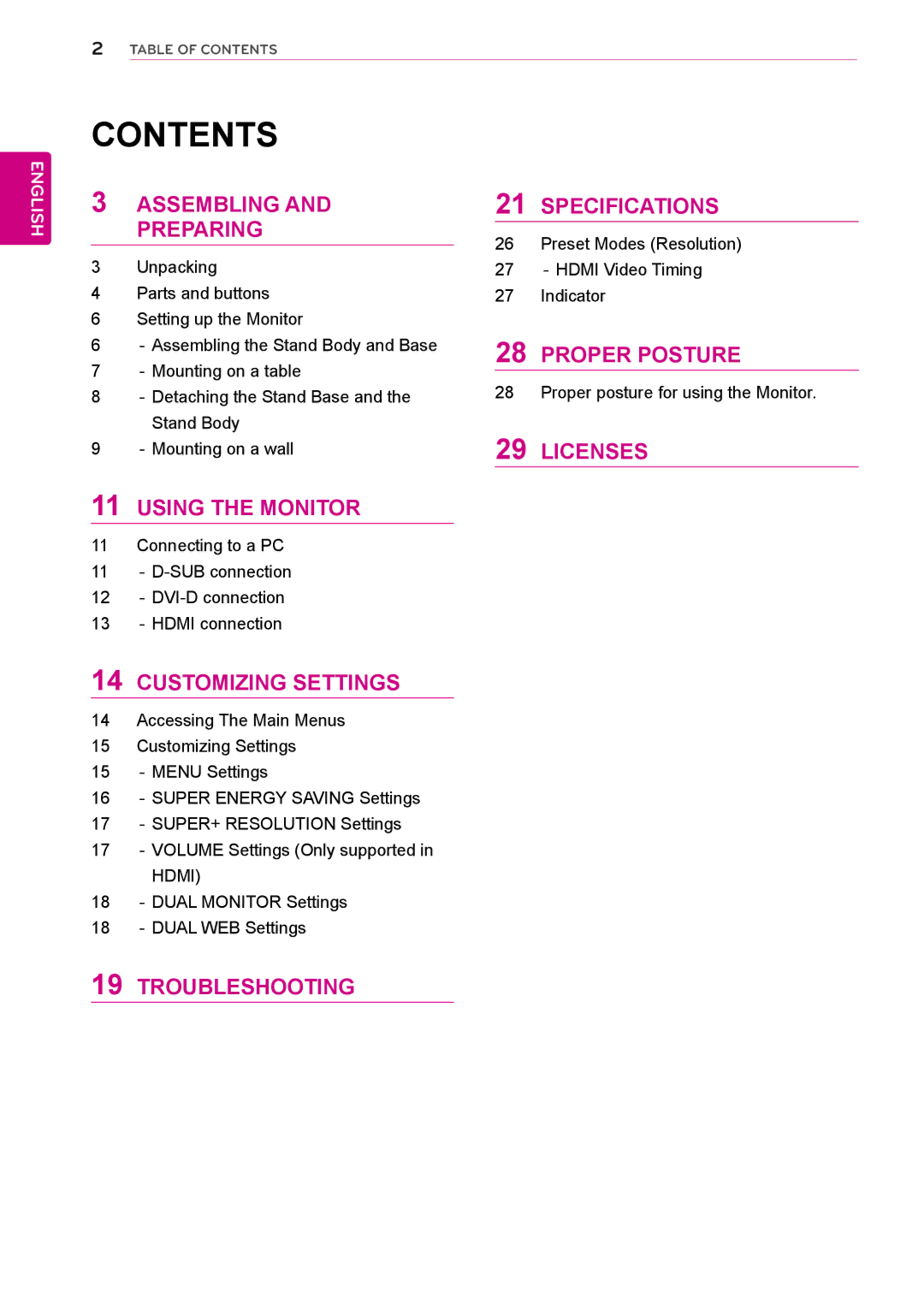 LG Electronics E2351TC, E2051C, E1951C, E2251C owner manual Contents 