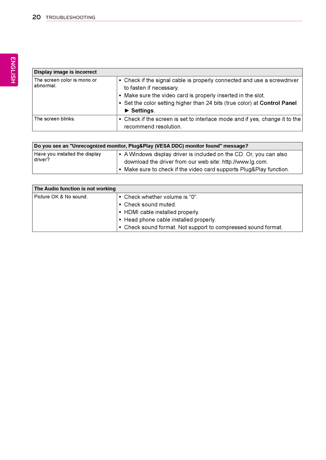 LG Electronics E2051C, E1951C, E2351TC, E2251C owner manual Settings 