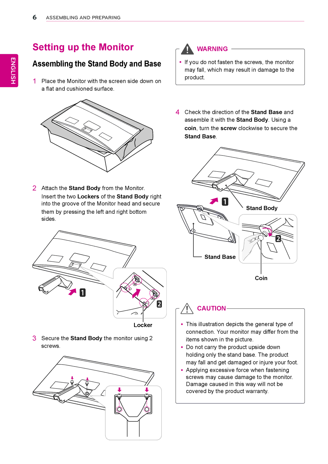 LG Electronics E2351TC Setting up the Monitor, Assembling the Stand Body and Base, Locker, Stand Body Stand Base Coin 