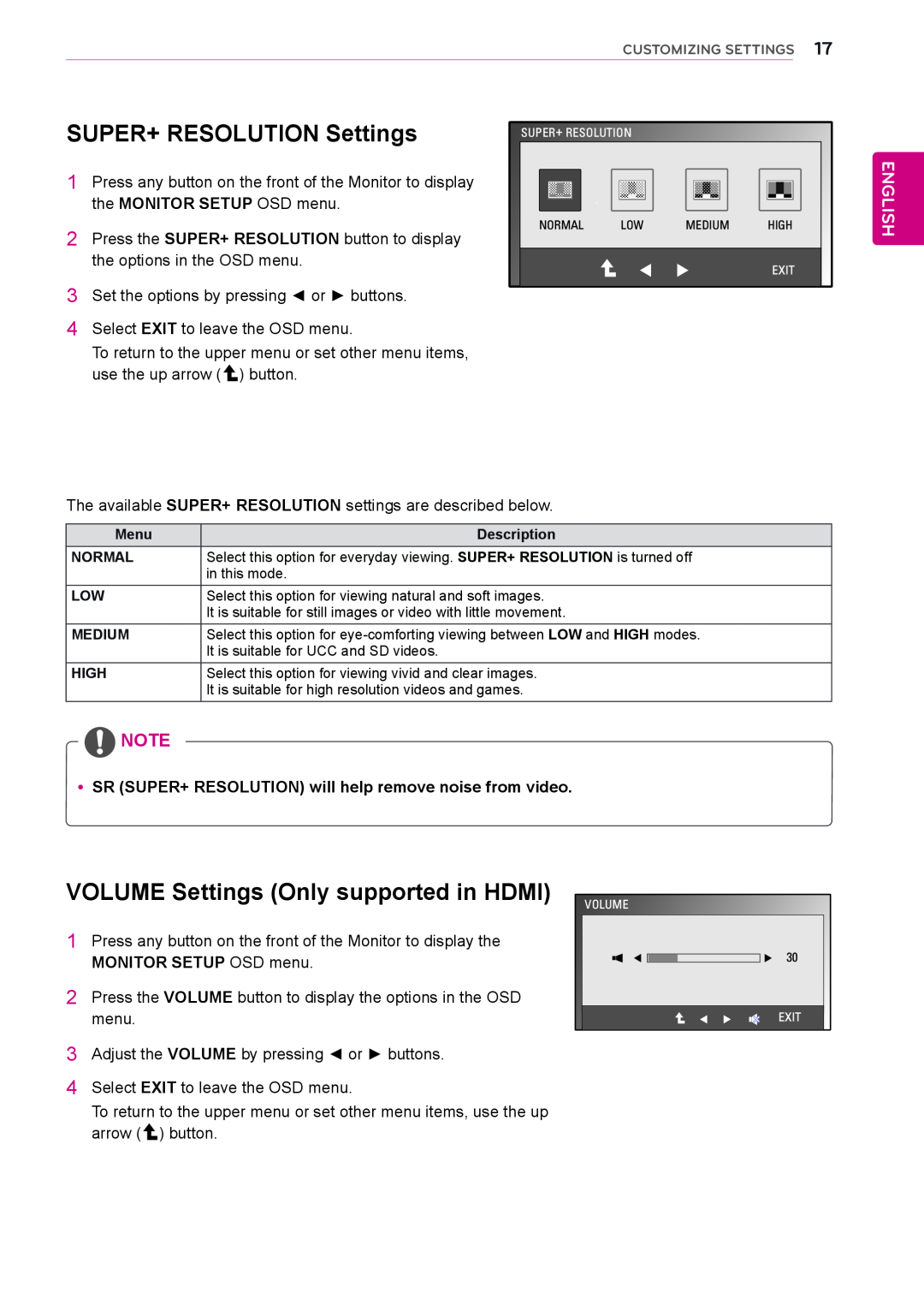 LG Electronics E1951C, E2051C, E2351TC VOLUME Settings Only supported in HDMI VOLUME, SUPER+ RESOLUTION Settings, English 