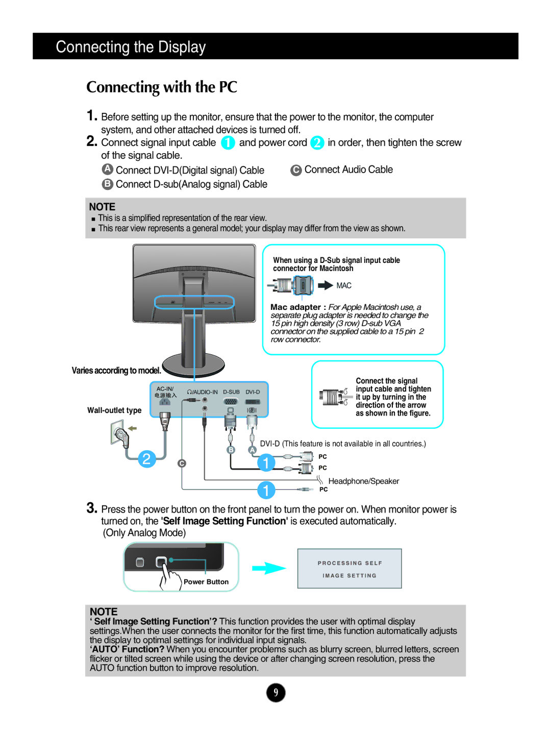 LG Electronics E2210PM, E1910PM owner manual Connecting with the PC, Varies according to model 