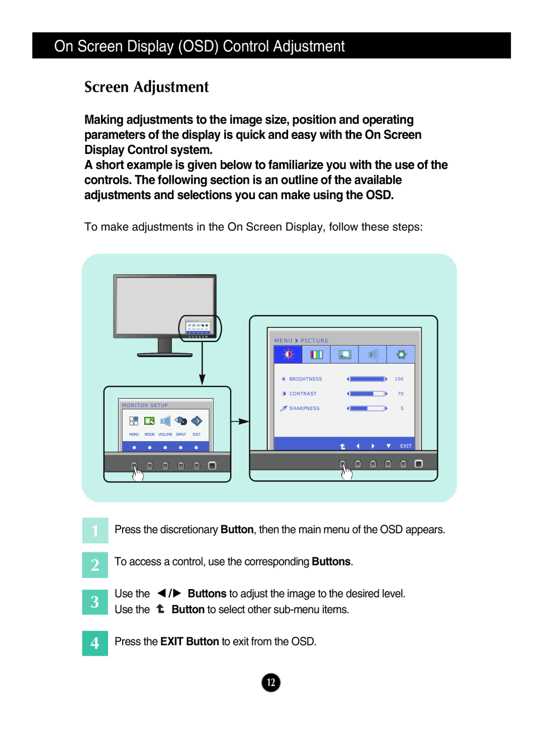 LG Electronics E1910PM, E2210PM owner manual On Screen Display OSD Control Adjustment, Screen Adjustment 