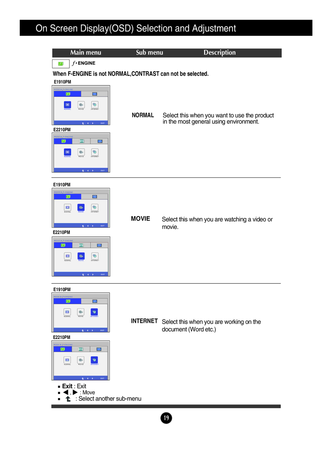 LG Electronics E2210PM, E1910PM owner manual When F-ENGINE is not NORMAL,CONTRAST can not be selected, Movie 