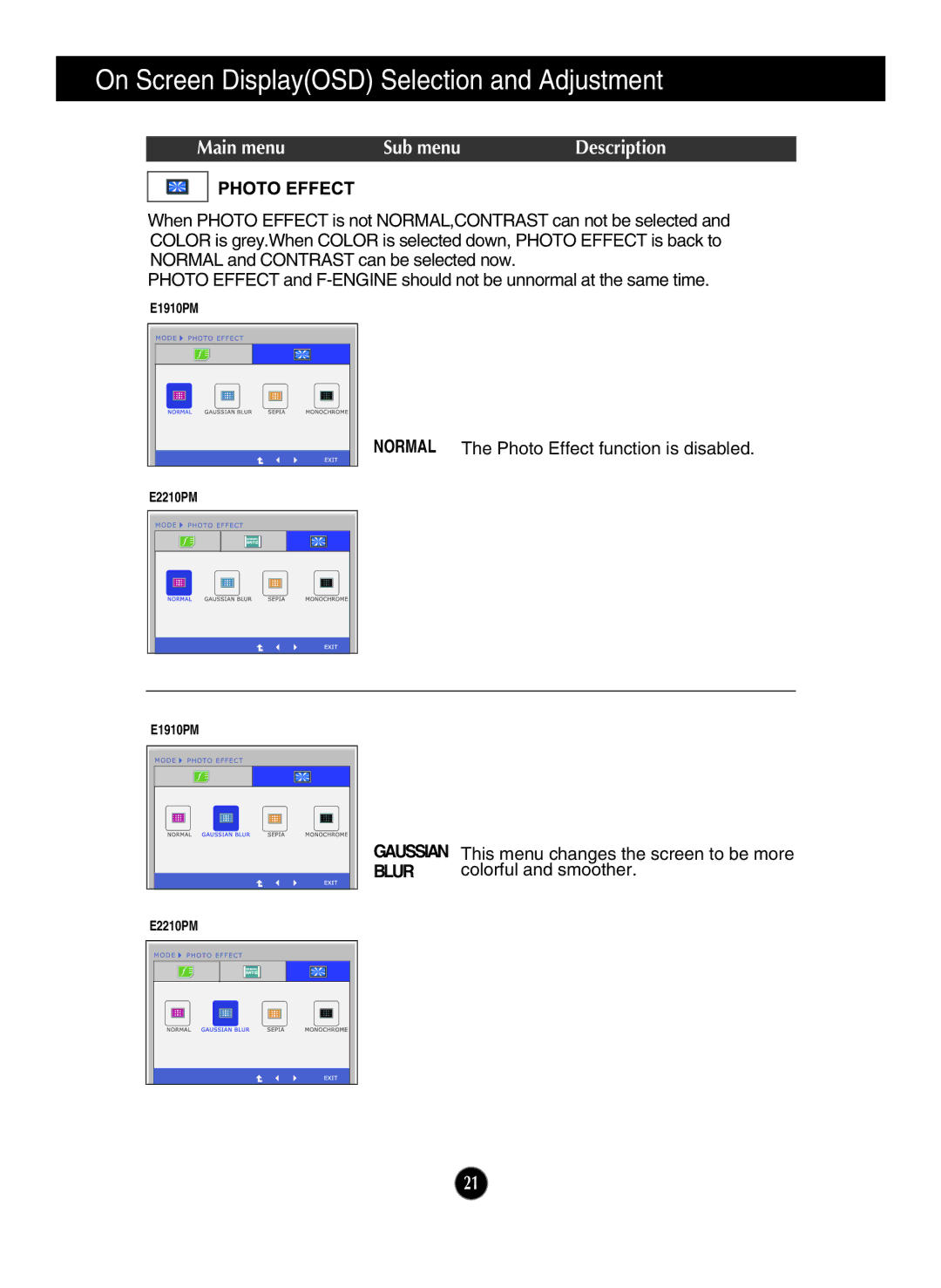 LG Electronics E2210PM, E1910PM owner manual Normal The Photo Effect function is disabled 