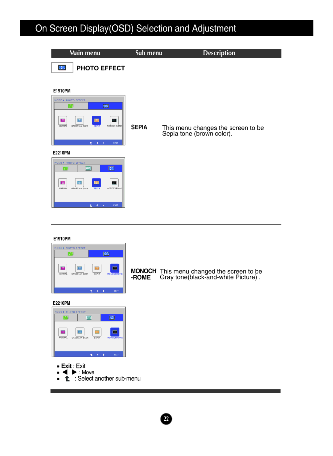 LG Electronics E1910PM, E2210PM owner manual Sepia 