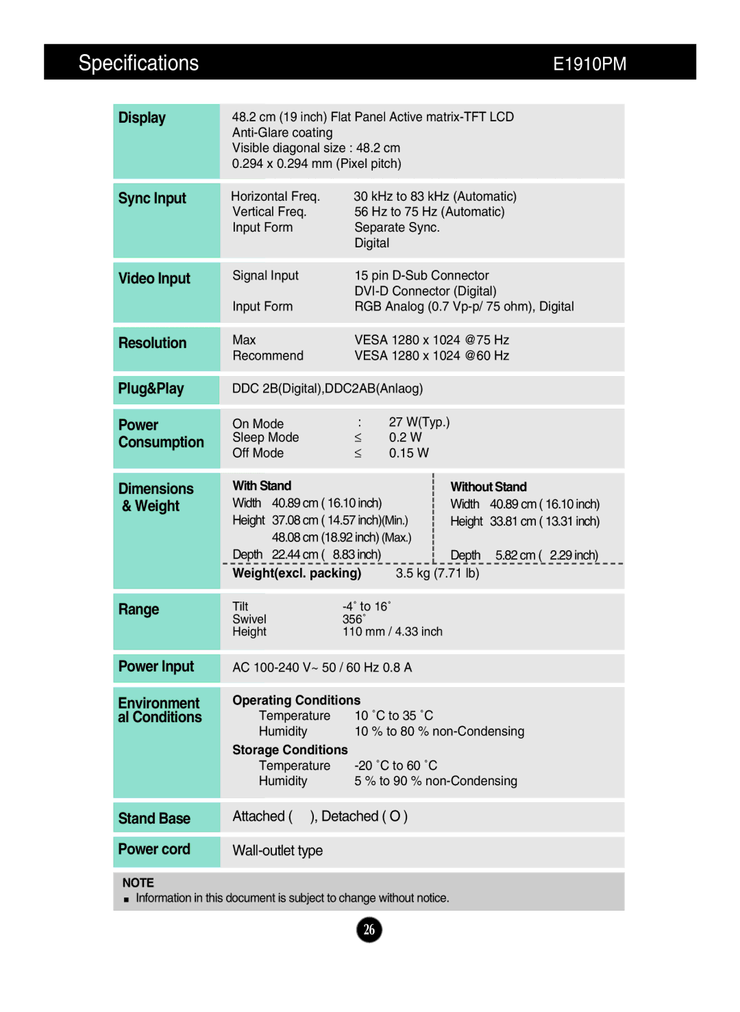 LG Electronics E1910PM Specifications, Display Sync Input Video Input Resolution Plug&Play, Range Power Input, Outlet type 