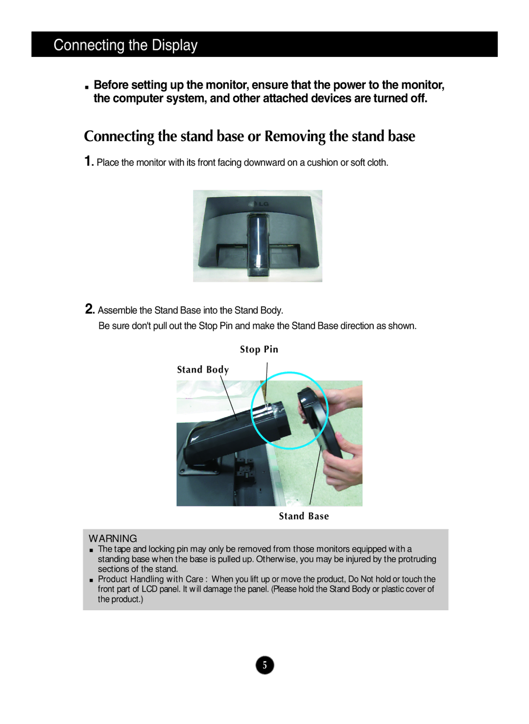 LG Electronics E2210PM, E1910PM owner manual Connecting the Display, Stop Pin Stand Body Stand Base 