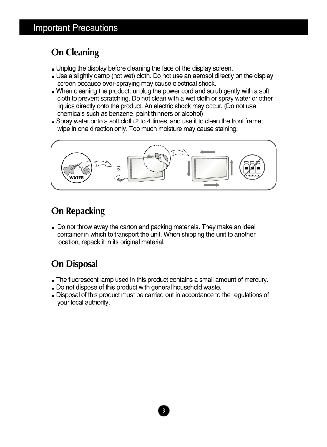 LG Electronics E2210PM, E1910PM owner manual On Cleaning, On Repacking, On Disposal, Important Precautions 