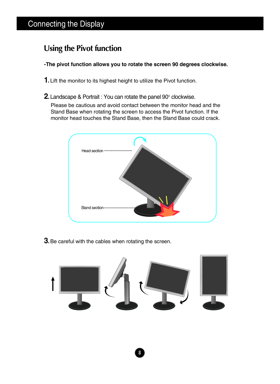 LG Electronics E1910PM, E2210PM owner manual Using the Pivot function, Connecting the Display 