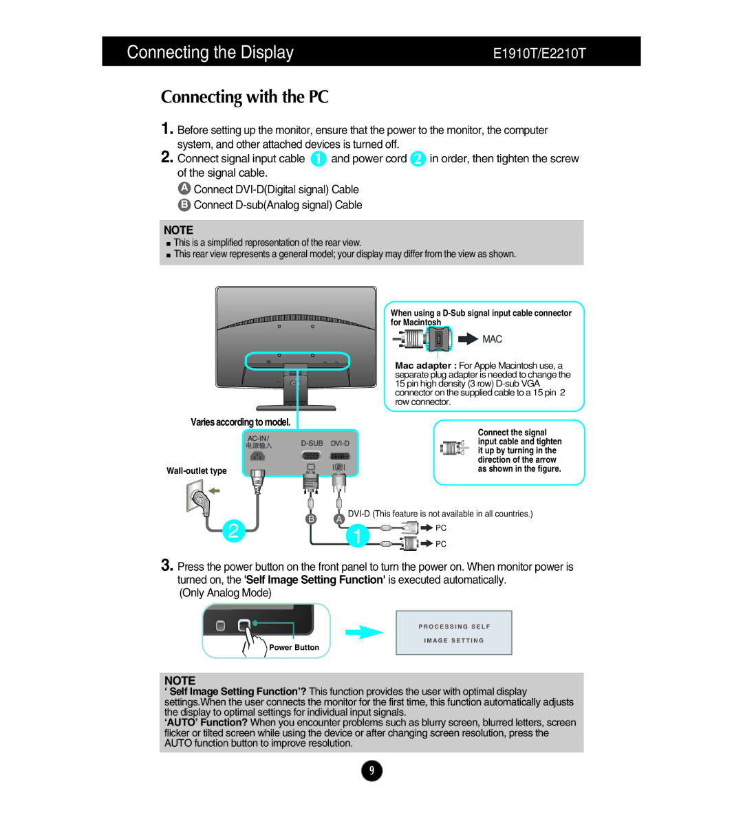 LG Electronics E1910S, E2210S, E1910T, E2210T owner manual Connecting with the PC, Varies according to model 