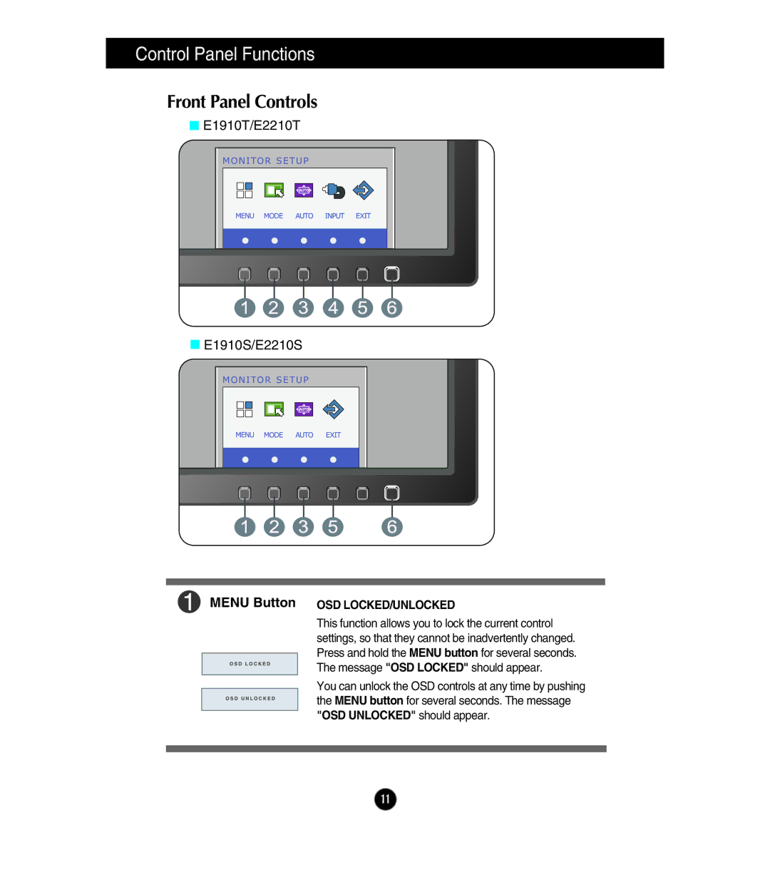 LG Electronics E2210S, E1910T, E1910S, E2210T Control Panel Functions, Front Panel Controls, Menu Button OSD LOCKED/UNLOCKED 