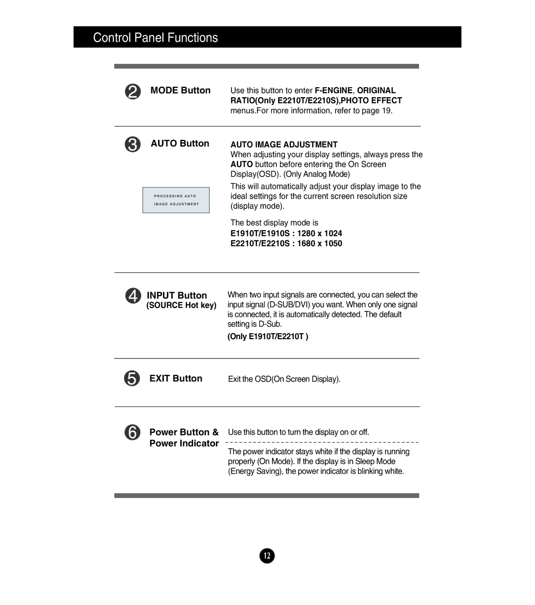 LG Electronics E1910T, E2210S, E1910S, E2210T owner manual Auto Image Adjustment 