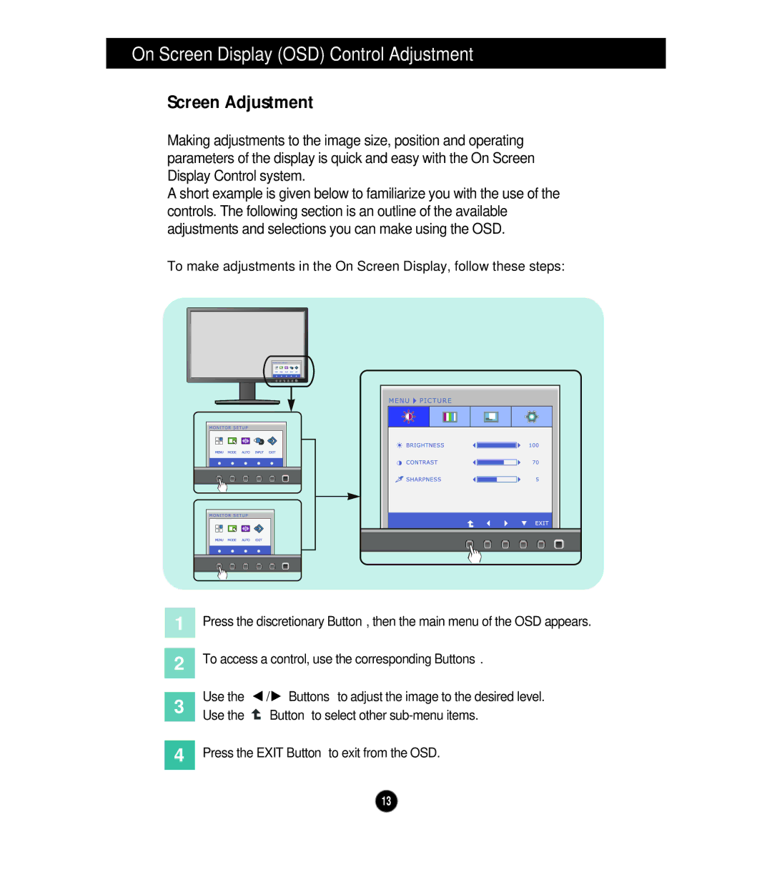 LG Electronics E1910S, E2210S, E1910T, E2210T owner manual On Screen Display OSD Control Adjustment, Screen Adjustment 