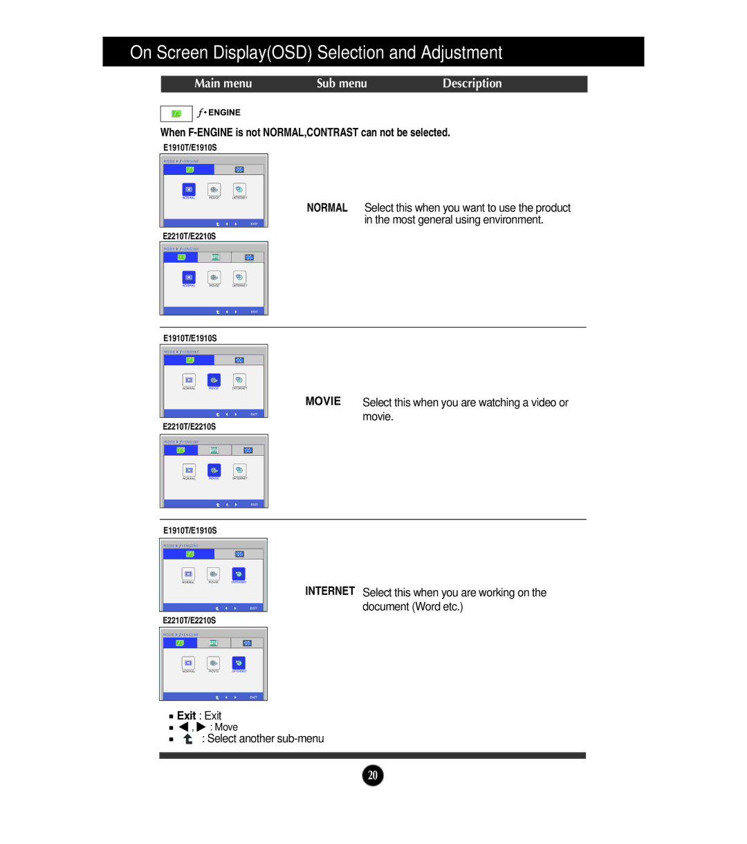 LG Electronics E1910T, E2210S, E1910S, E2210T owner manual When F-ENGINE is not NORMAL,CONTRAST can not be selected, Movie 