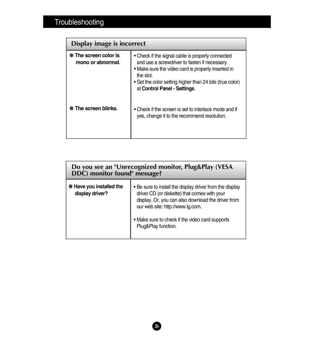 LG Electronics E2210T, E2210S, E1910T, E1910S owner manual Screen blinks, Screen color is mono or abnormal 