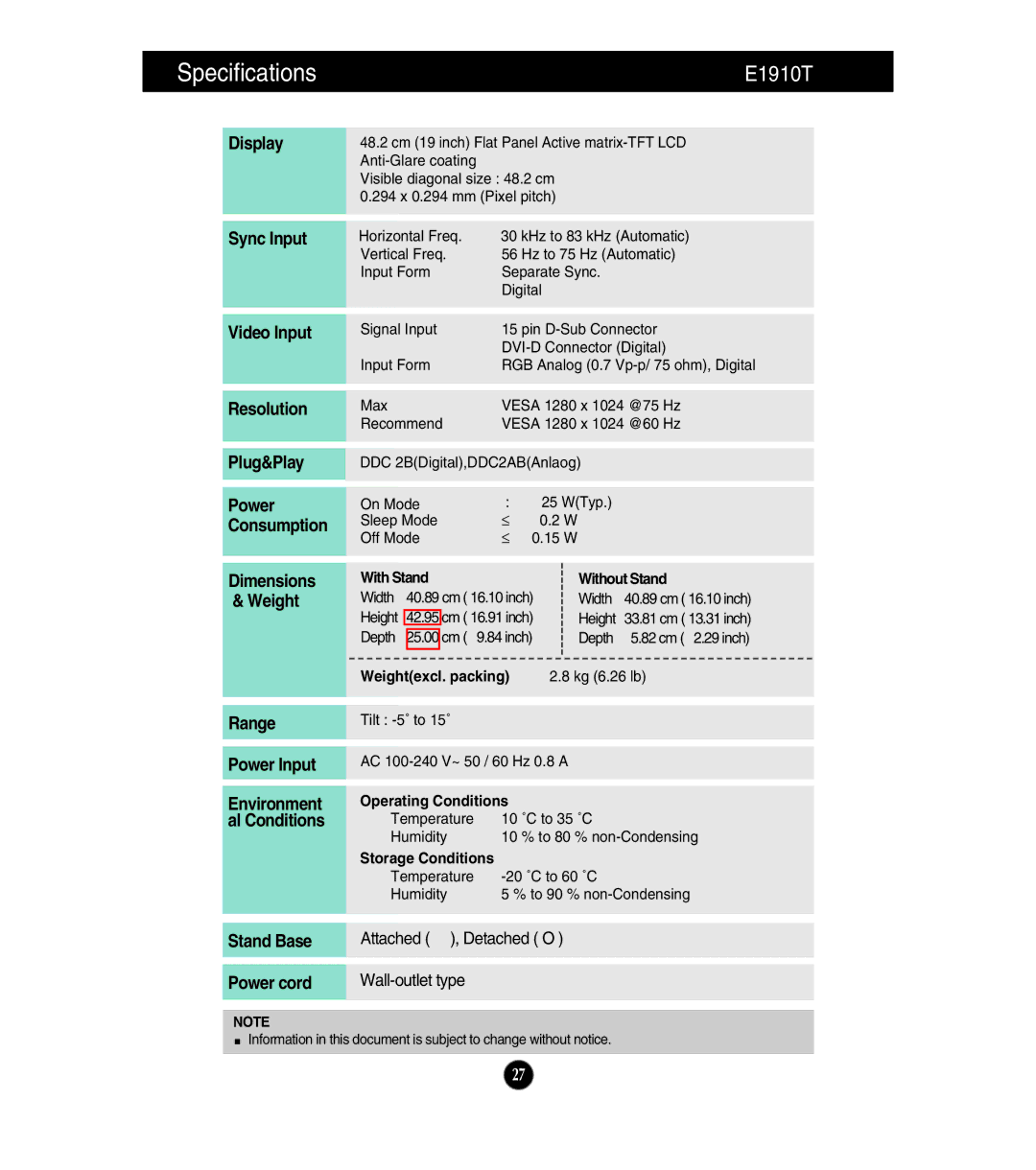 LG Electronics E2210S, E1910T, E1910S, E2210T owner manual Specifications, Power Consumption, Environment al Conditions, Wall 