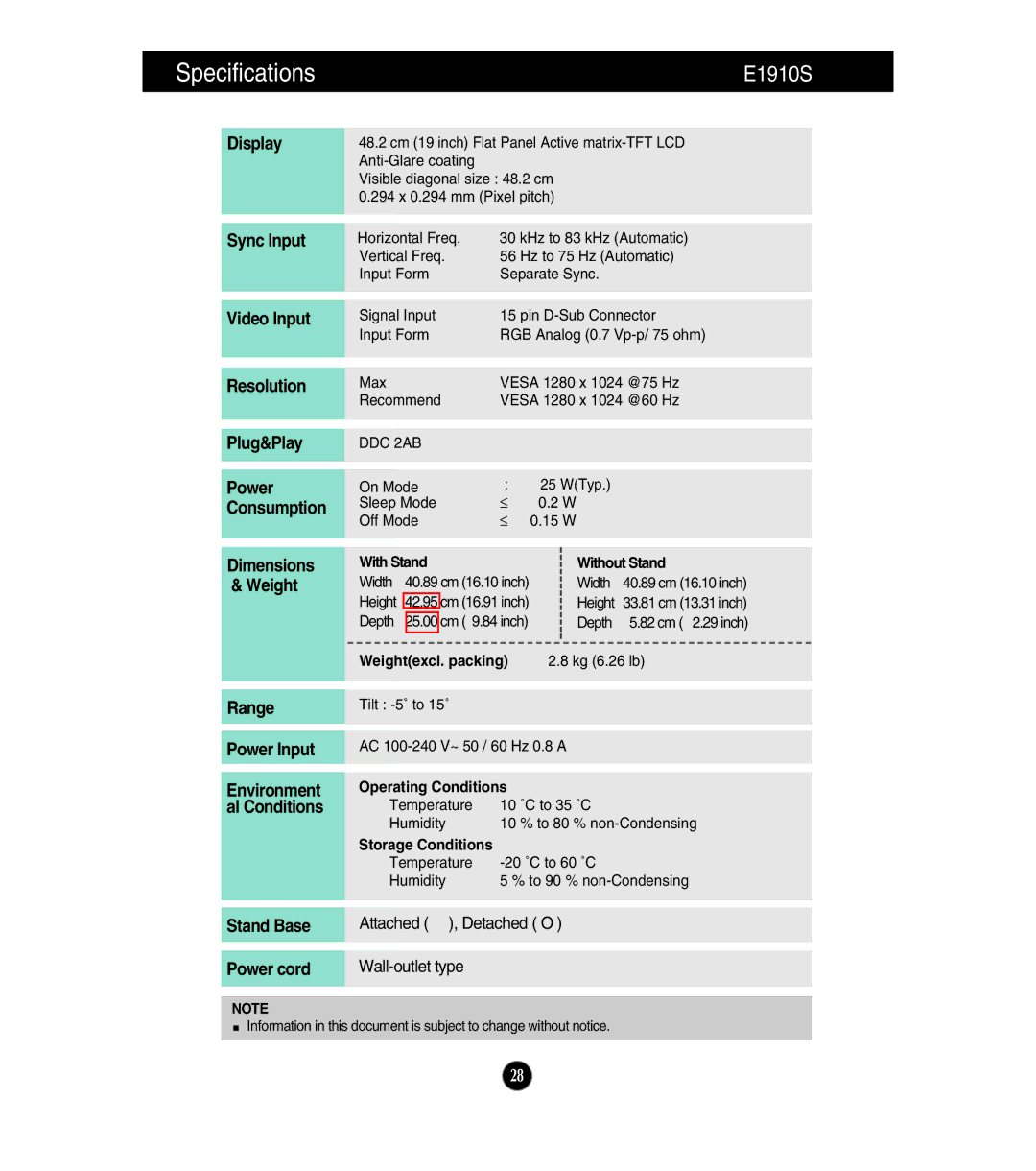 LG Electronics E1910T, E2210S, E2210T owner manual E1910S 