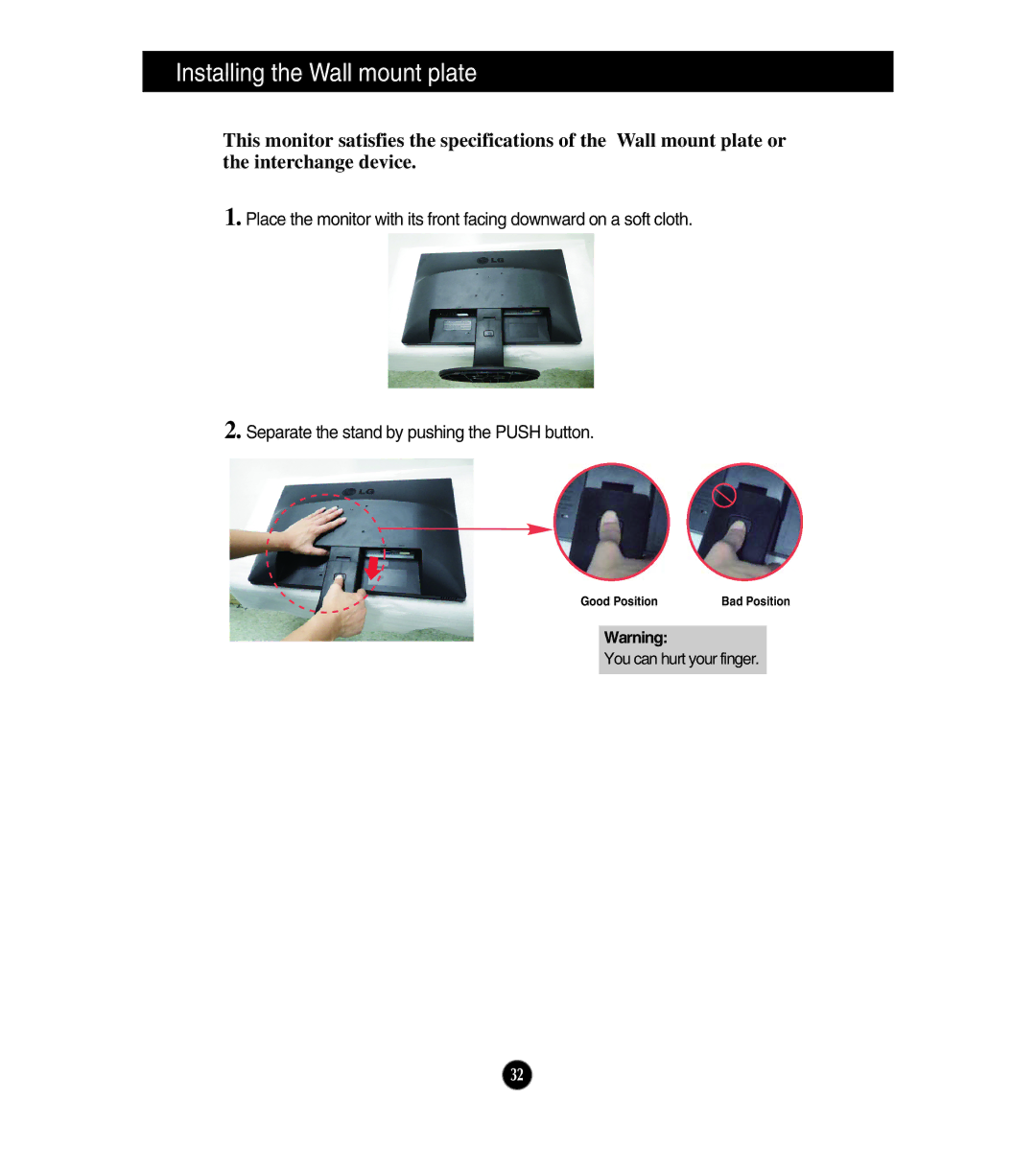 LG Electronics E1910T, E2210S, E1910S, E2210T owner manual Installing the Wall mount plate 