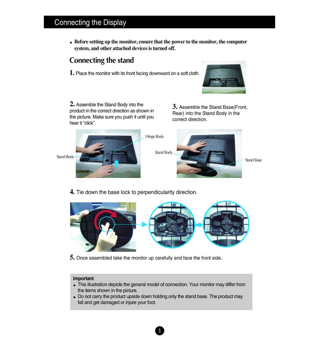 LG Electronics E1910S, E2210S, E1910T, E2210T owner manual Connecting the Display, Connecting the stand 