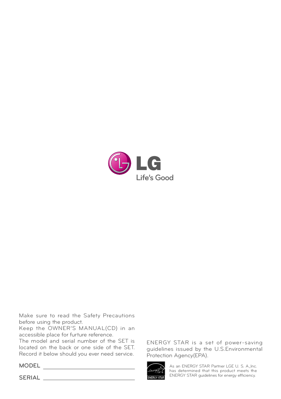 LG Electronics E2210T, E2210S, E1910T, E1910S owner manual Model, Serial 