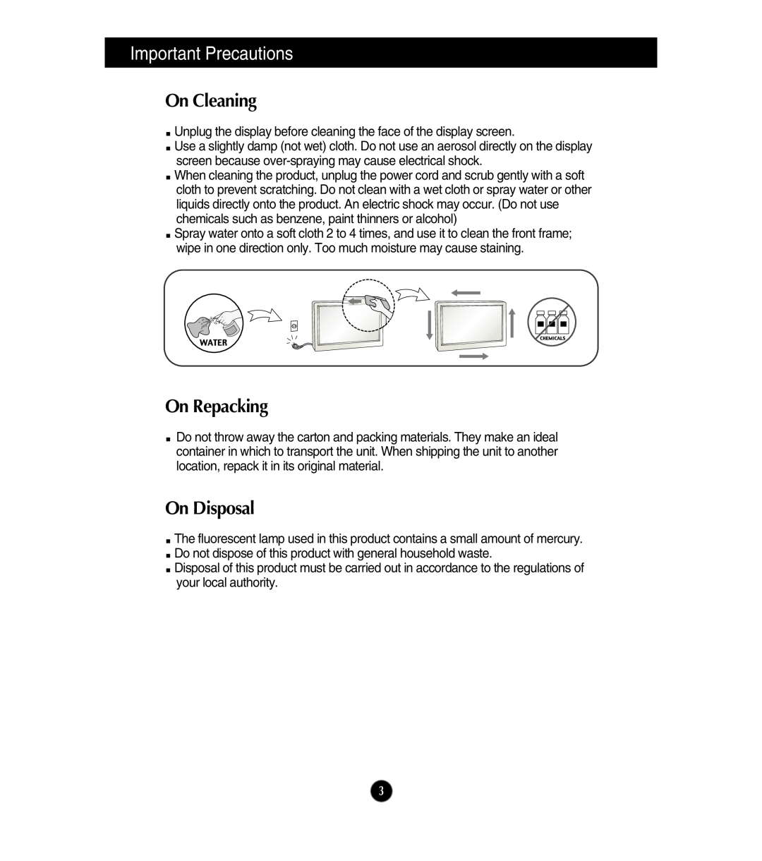 LG Electronics E2210S, E1910T, E1910S, E2210T owner manual On Cleaning, On Repacking, On Disposal, Important Precautions 