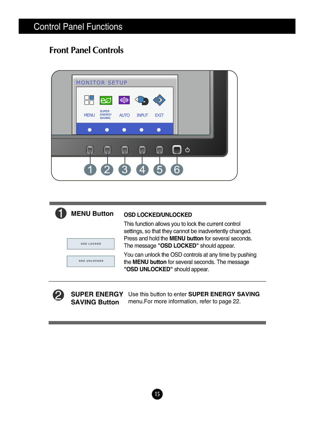 LG Electronics E2211PU Control Panel Functions, Front Panel Controls, Saving Button, Menu Button OSD LOCKED/UNLOCKED 