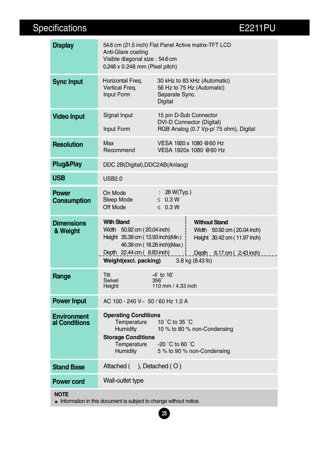 LG Electronics Specifications E2211PU, Display Sync Input Video Input Resolution Plug&Play, Range Power Input 