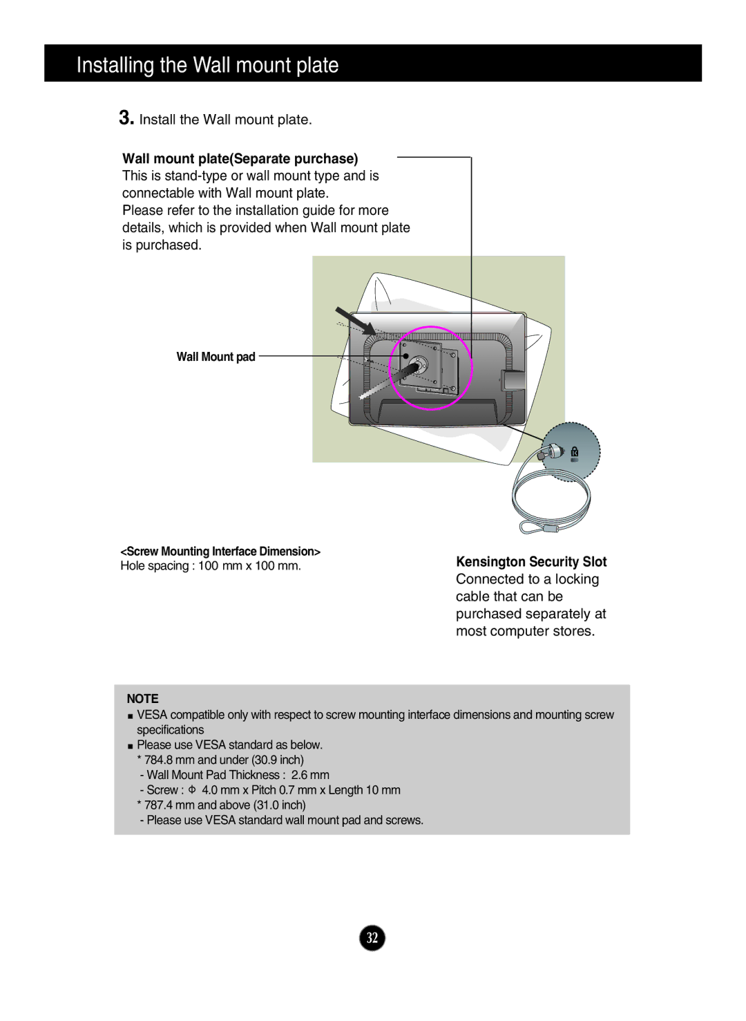 LG Electronics E2211PU owner manual Wall mount plateSeparate purchase, Most computer stores 