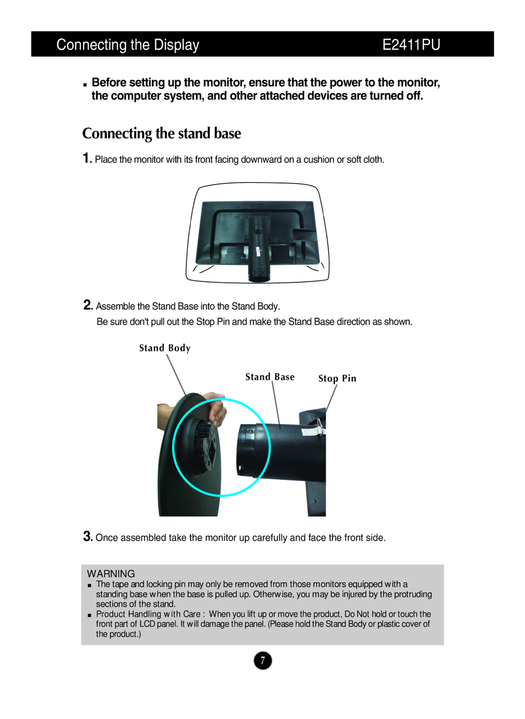 LG Electronics E2211PU owner manual Connecting the Display E2411PU, Stand Body Stand Base 