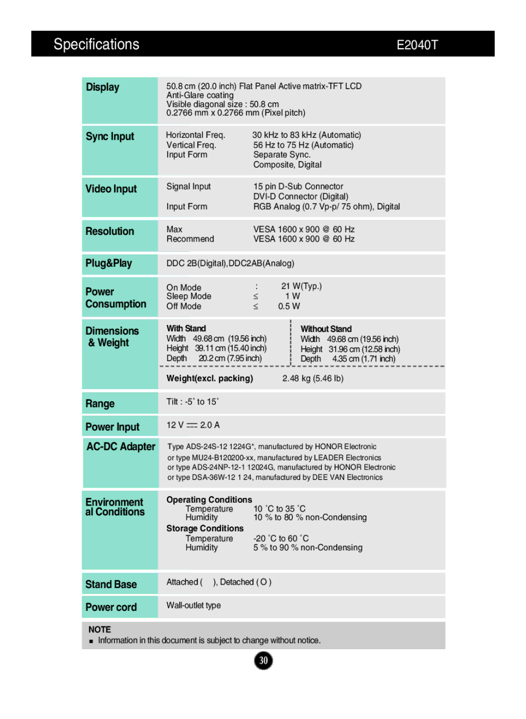 LG Electronics E1940S, E2240T, E2240S, E2340S, E2340T, E2040S, E1940T owner manual E2040T, AC-DC Adapter 