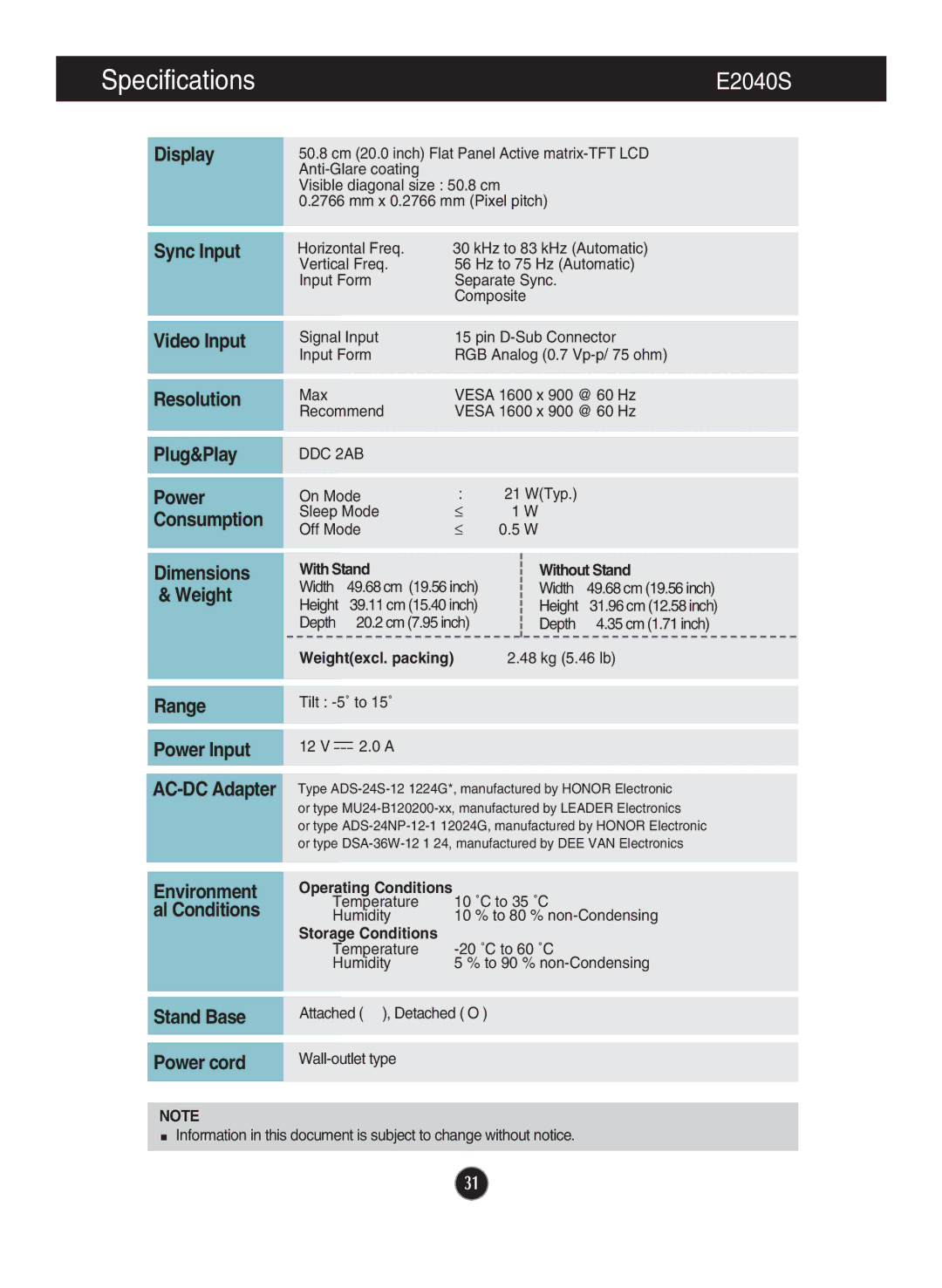 LG Electronics E2240T, E2240S, E2340S, E2340T E2040S, Sync Input Video Input Resolution, Range Power Input AC-DC Adapter 