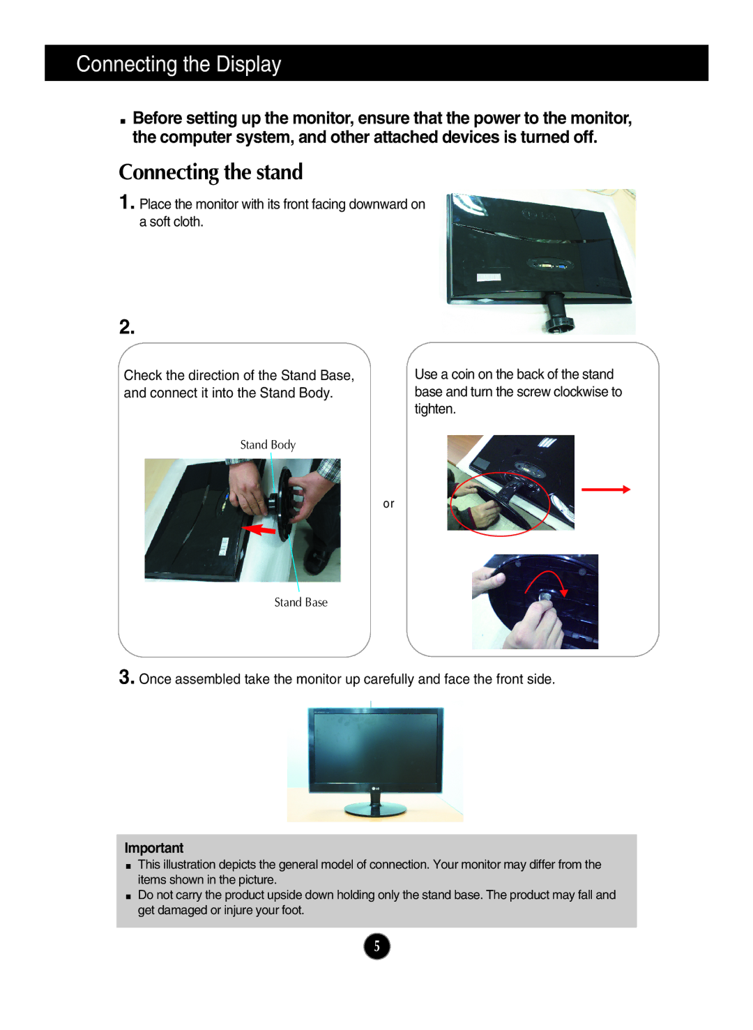 LG Electronics E1940T, E2240T, E2240S, E2340S, E2340T, E2040S, E2040T, E1940S Connecting the Display, Connecting the stand 