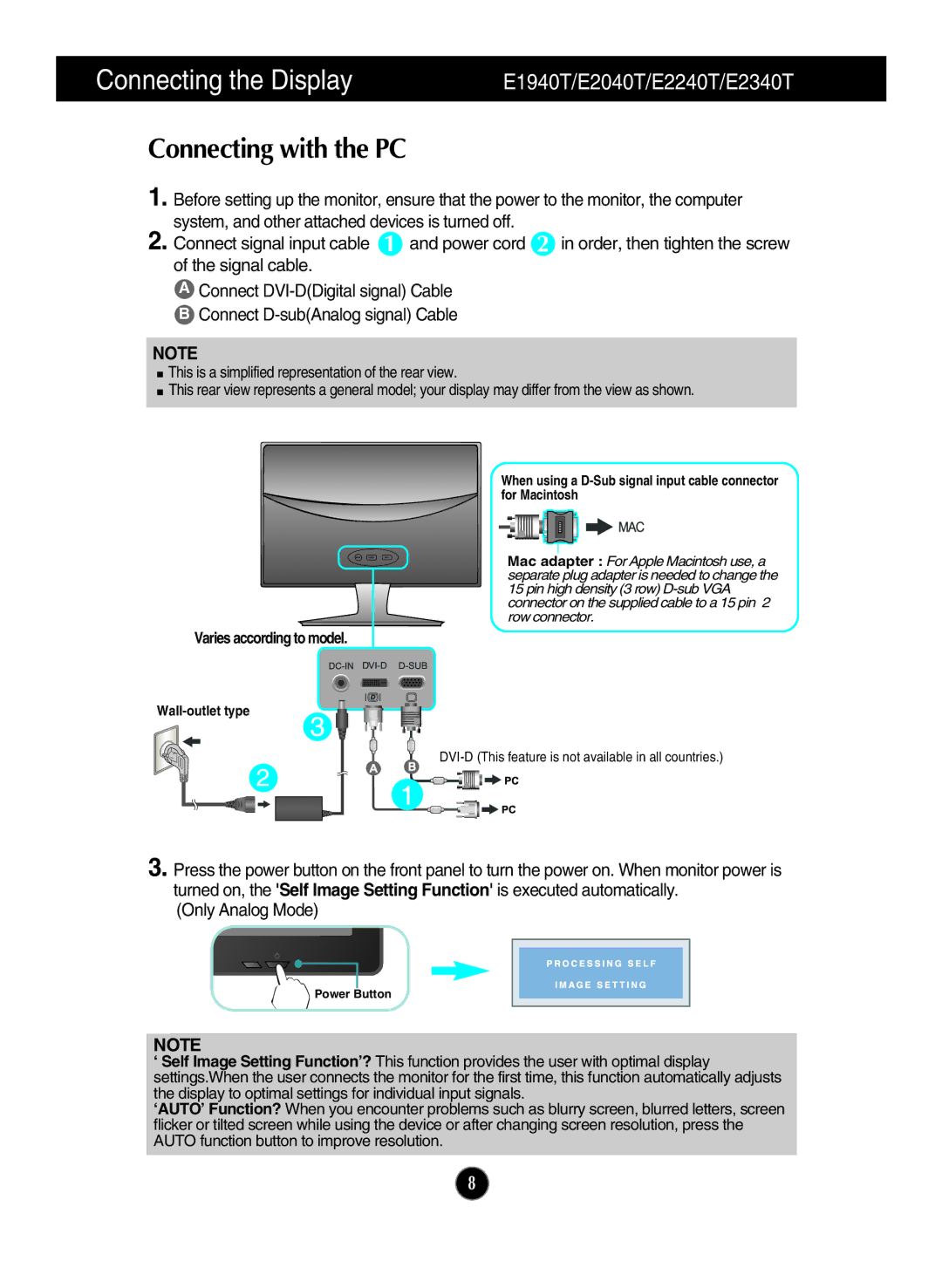 LG Electronics E2240S, E2240T, E2340S, E2340T, E2040S, E2040T, E1940T, E1940S Connecting with the PC, Varies according to model 