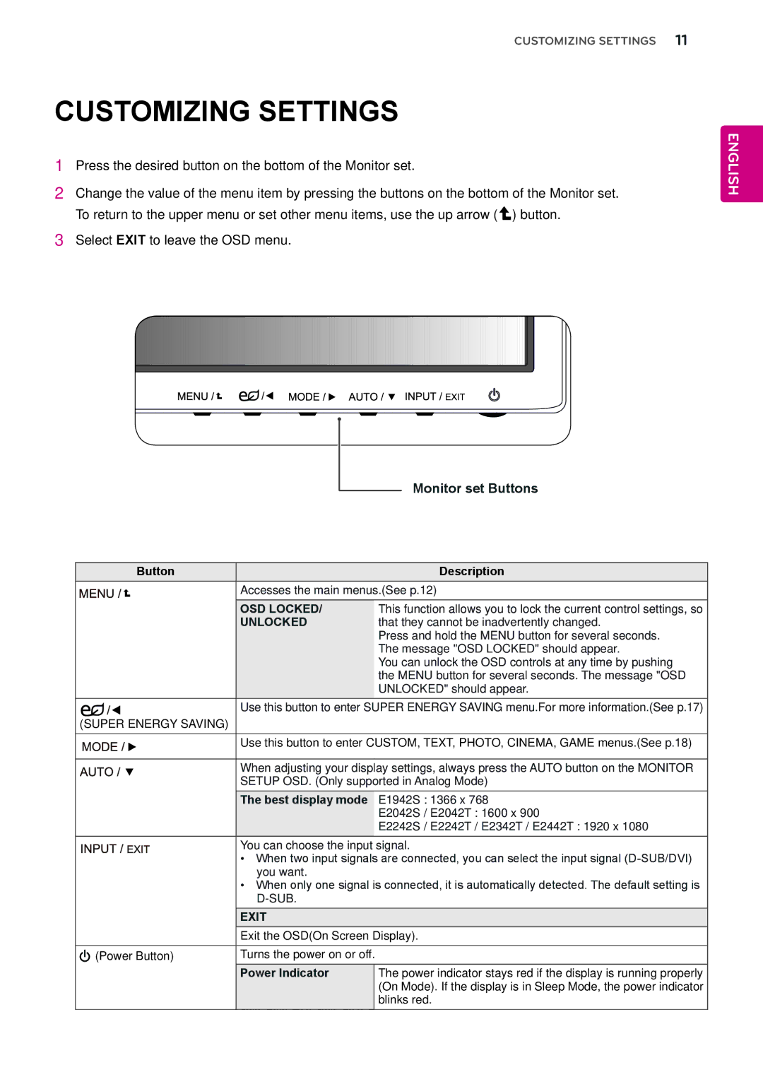 LG Electronics E2442T, E2242S, E2242T, E2042T, E2042S Customizing Settings, Monitor set Buttons, OSD Locked, Unlocked, Exit 