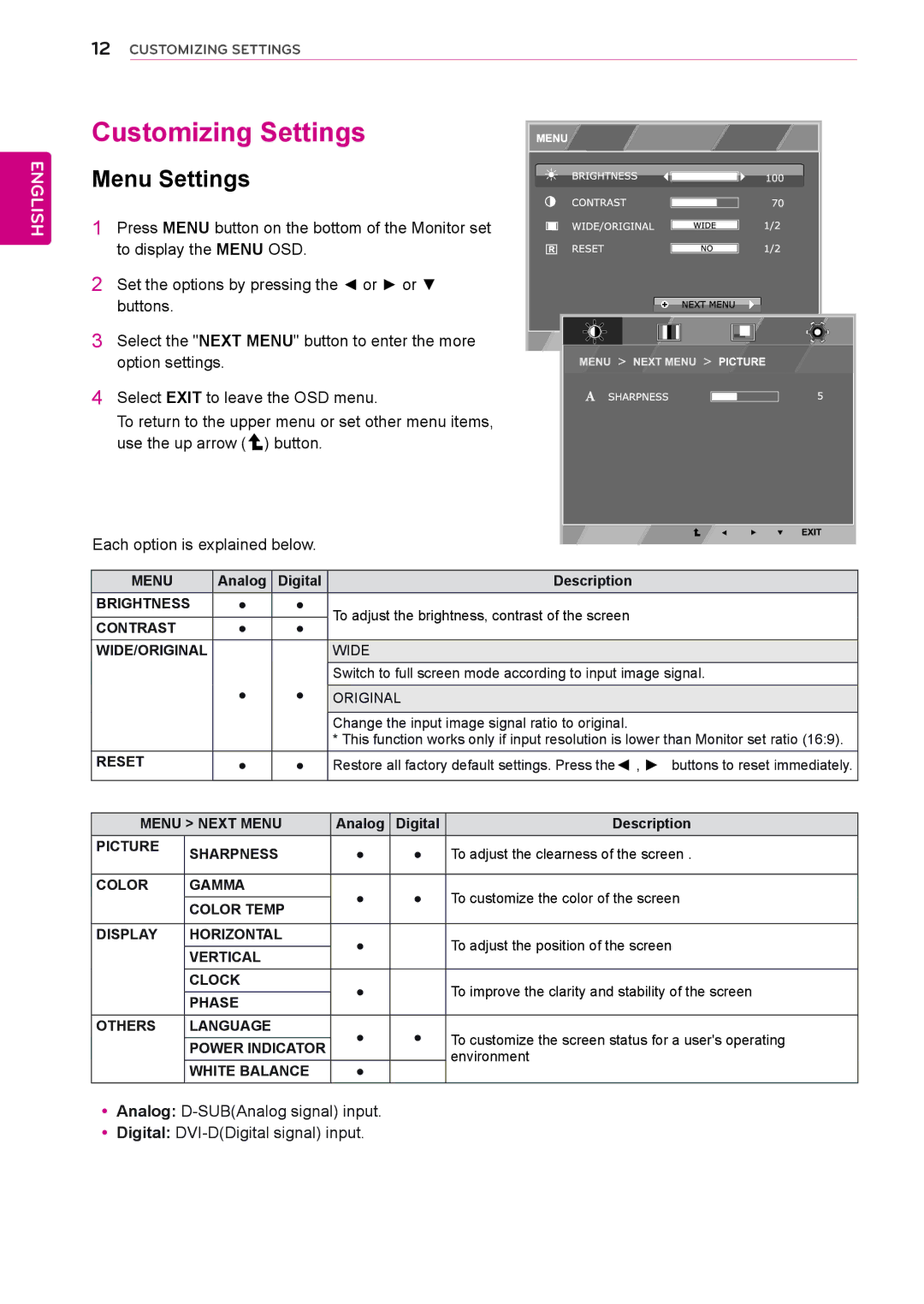 LG Electronics E2342T, E2242S, E2242T, E2042T, E2042S, E2442T, E1942S owner manual Customizing Settings, Menu Settings 