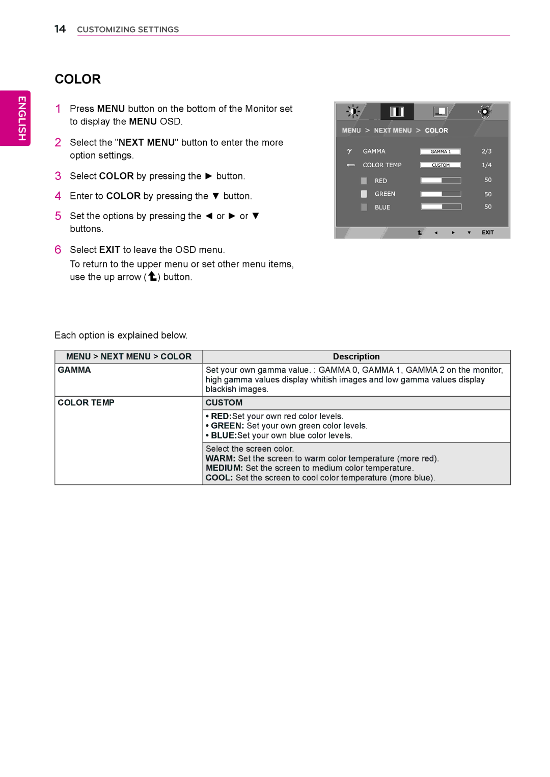 LG Electronics E2242S, E2242T, E2042T, E2042S, E2442T, E2342T, E1942S owner manual Menu Next Menu Color, Color Temp Custom 