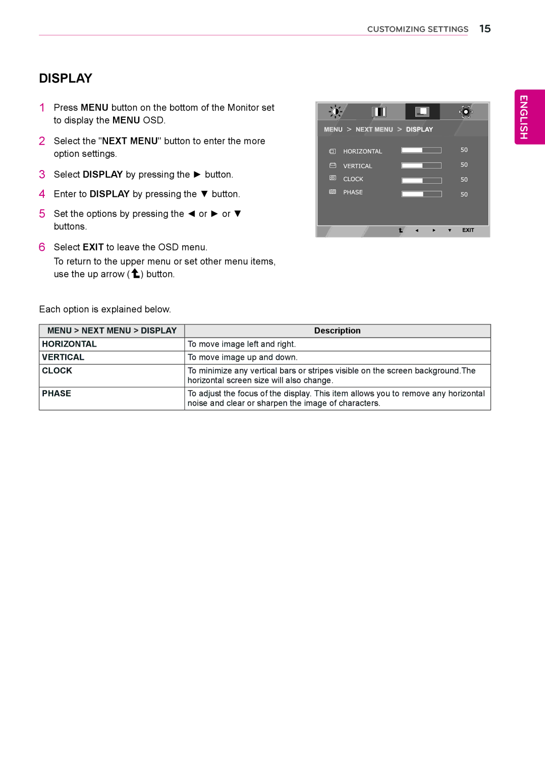 LG Electronics E2242T, E2242S, E2042T, E2042S, E2442T, E2342T, E1942S owner manual Menu Next Menu Display, Vertical, Phase 