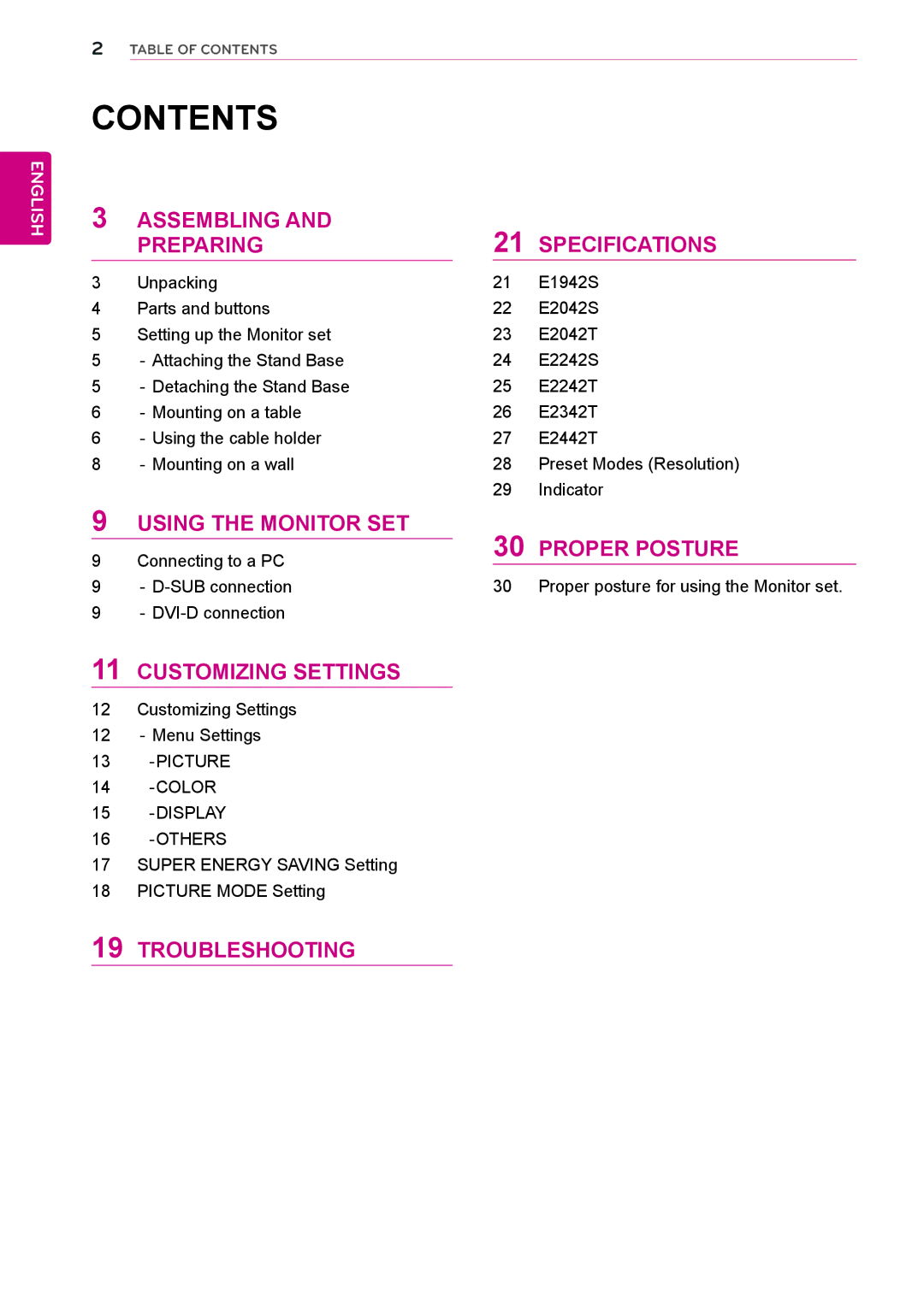 LG Electronics E2042T, E2242S, E2242T, E2042S, E2442T, E2342T, E1942S owner manual Contents 