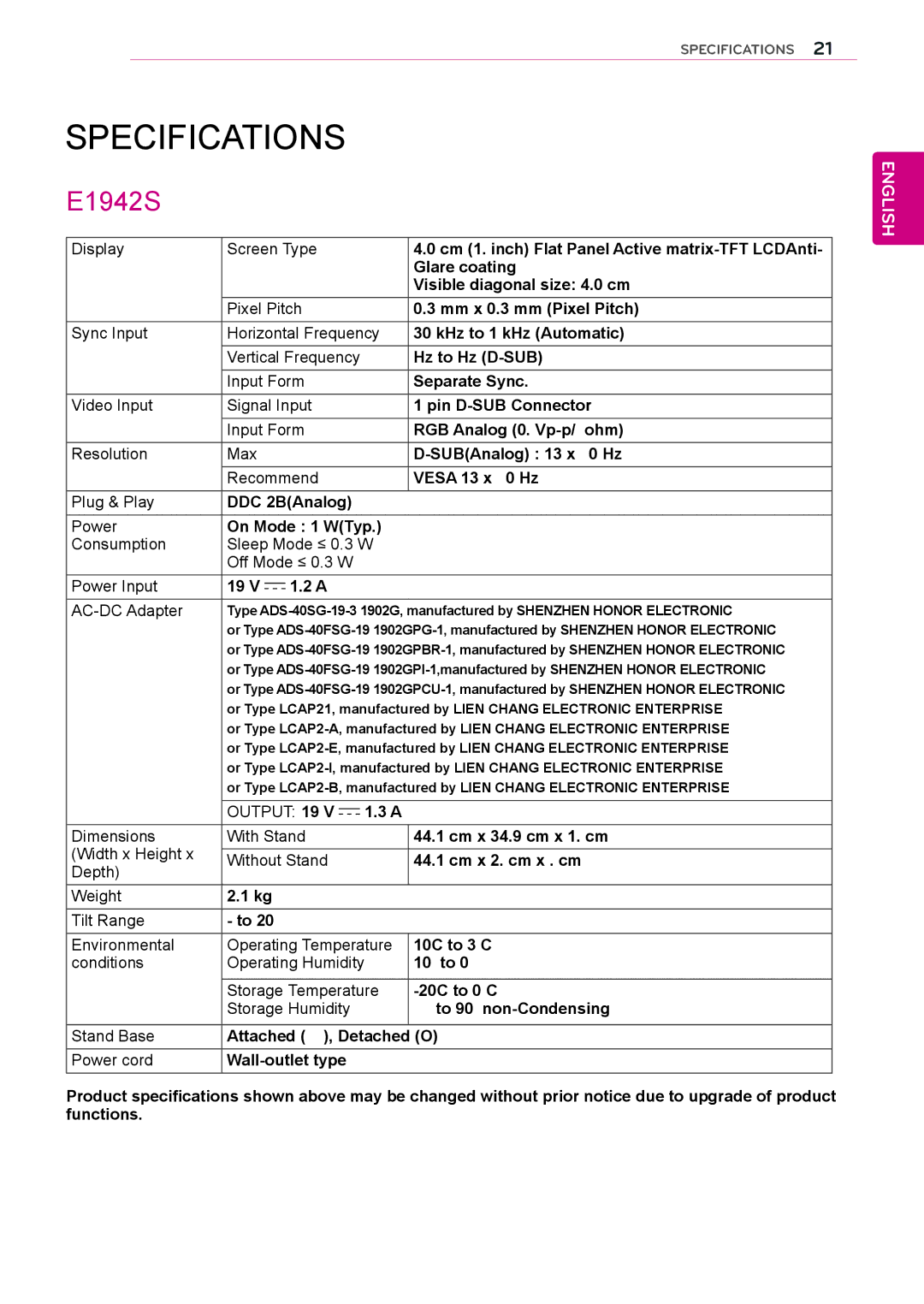 LG Electronics E2242S, E2242T, E2042T, E2042S, E2442T, E2342T owner manual Specifications, E1942S 