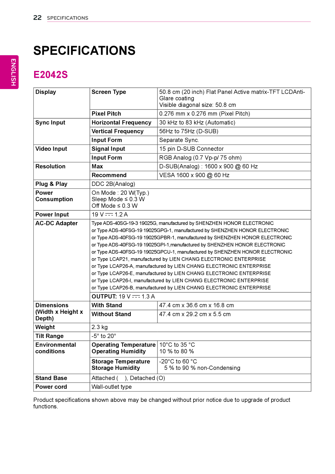 LG Electronics E2242T, E2242S, E2042T, E2442T, E2342T, E1942S owner manual ‌Specifications, E2042S 