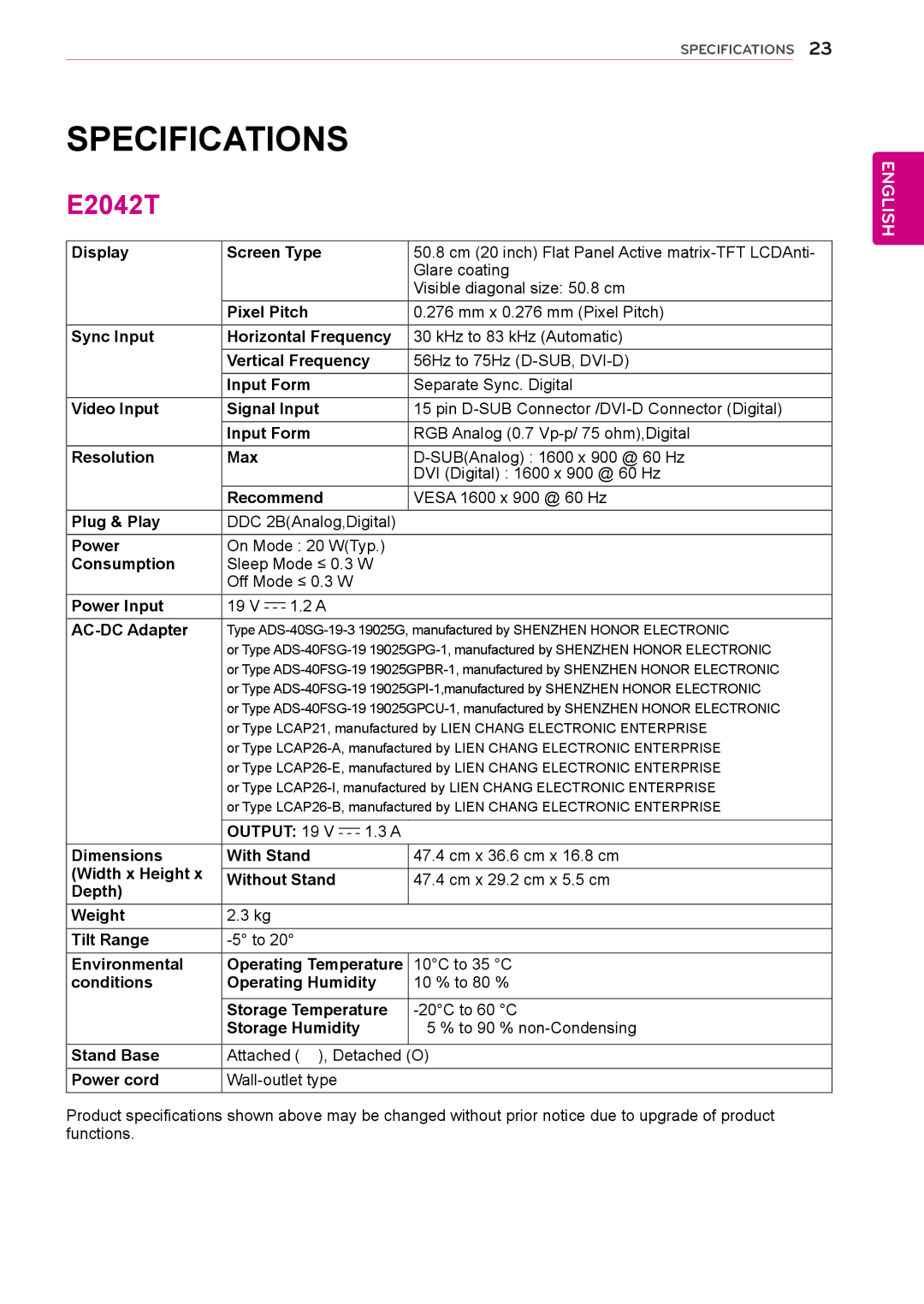 LG Electronics E2042T, E2242S, E2242T, E2042S, E2442T, E2342T, E1942S owner manual Specifications‌ 