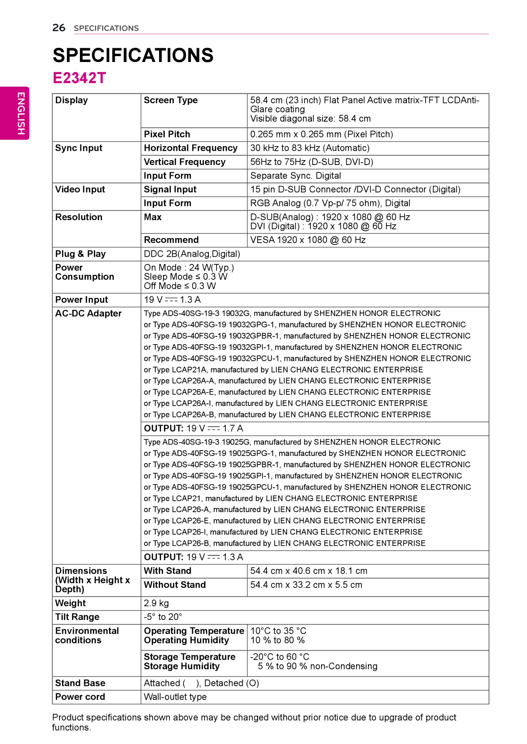 LG Electronics E2342T, E2242S, E2242T, E2042T, E2042S, E2442T, E1942S owner manual 