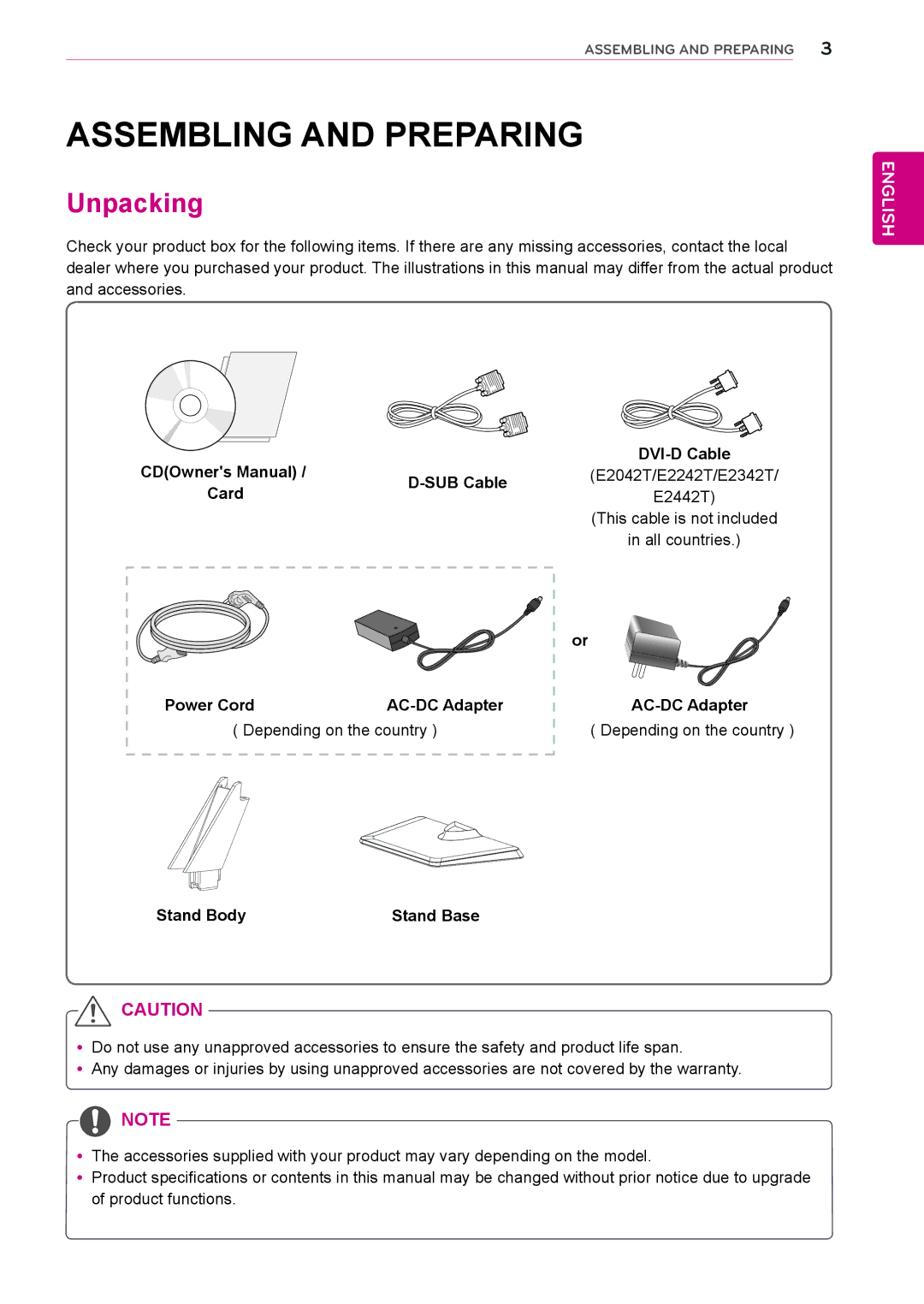 LG Electronics E2042S, E2242S, E2242T, E2042T, E2442T, E2342T, E1942S owner manual Assembling and Preparing, Unpacking 