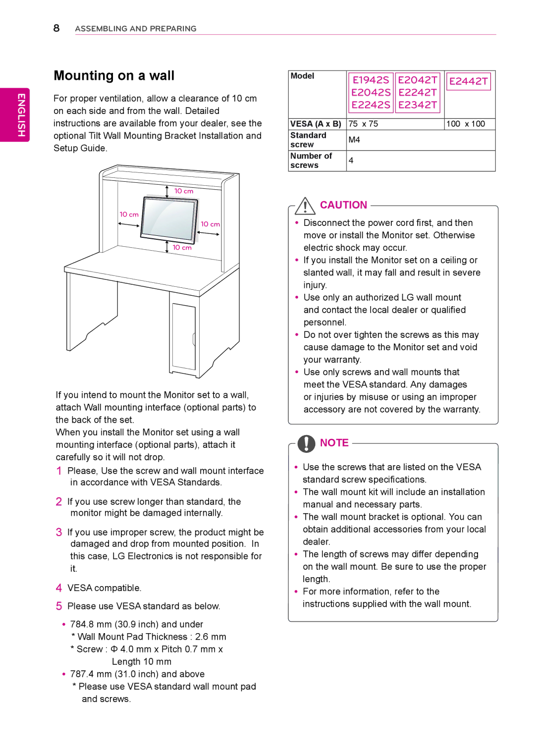 LG Electronics owner manual Mounting on a wall, E1942S E2042T E2442T E2042S E2242T E2242S E2342T 