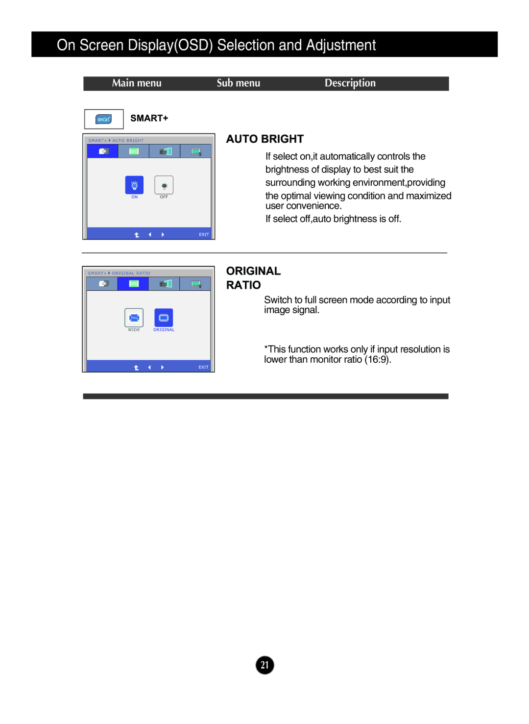 LG Electronics E2250V, E2350V manual On Screen DisplayOSD Selection and Adjustment 