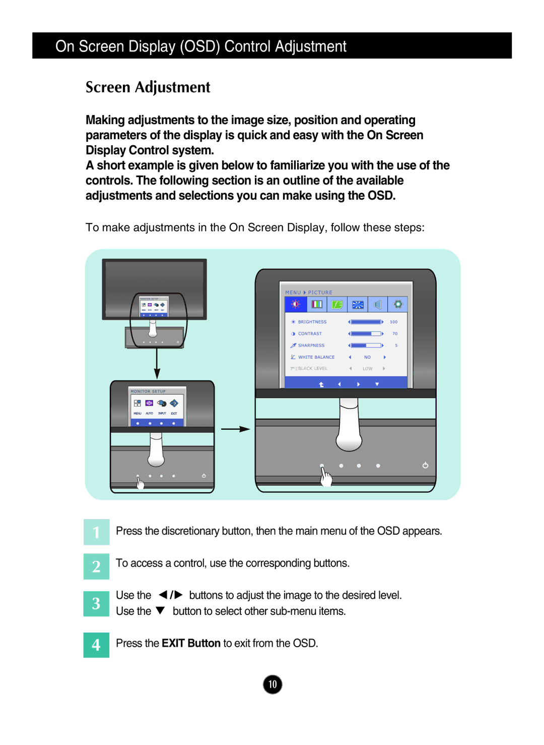 LG Electronics E2290V owner manual On Screen Display OSD Control Adjustment, Screen Adjustment 