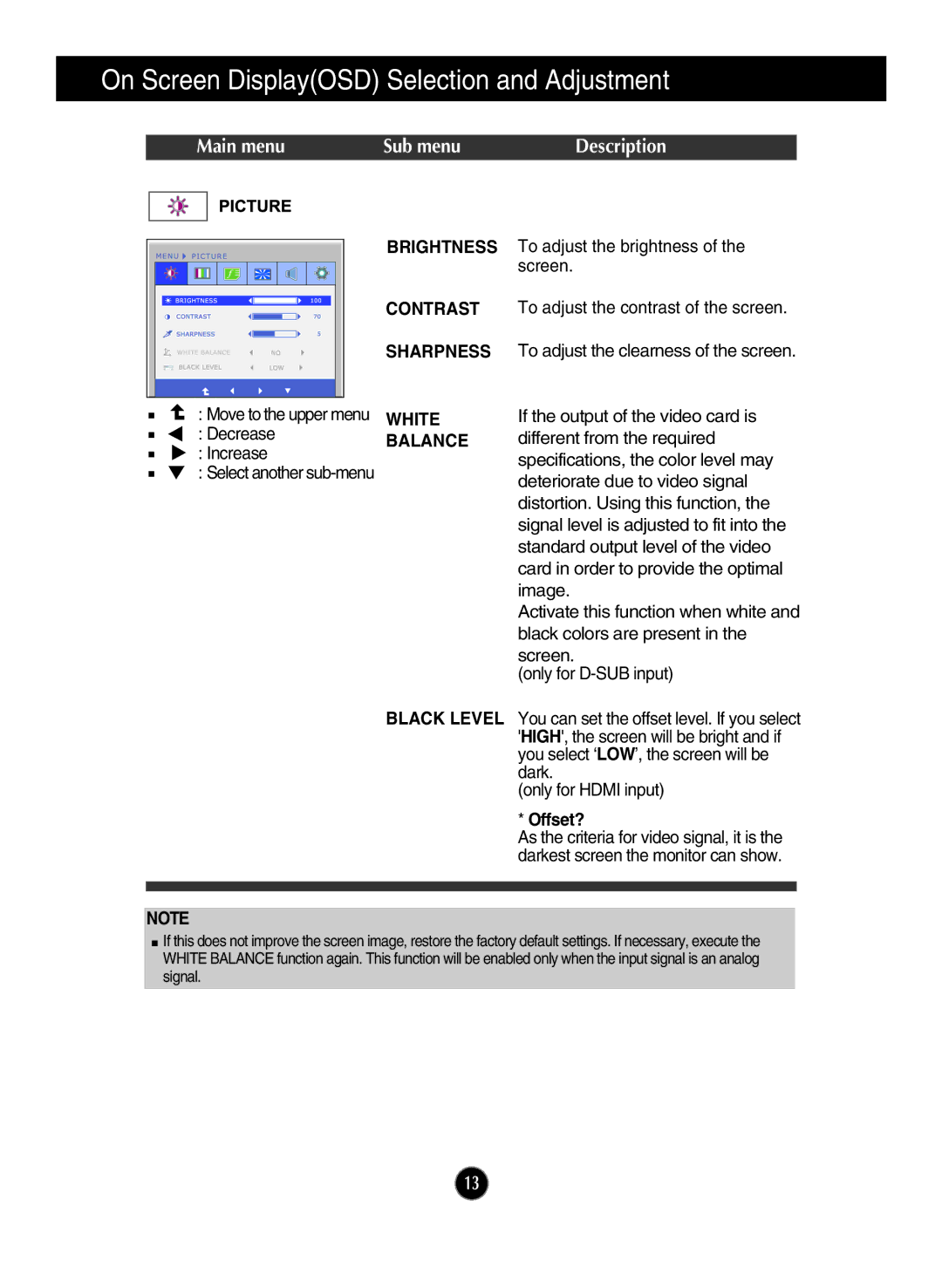 LG Electronics E2290V owner manual Brightness, Contrast, Sharpness, Balance, Black Level 