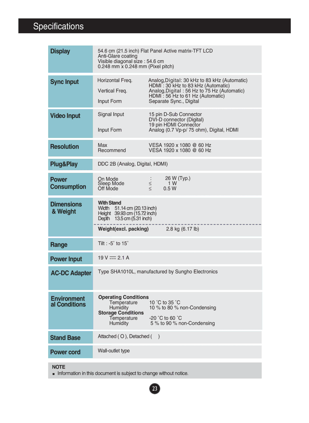 LG Electronics E2290V owner manual Specifications 