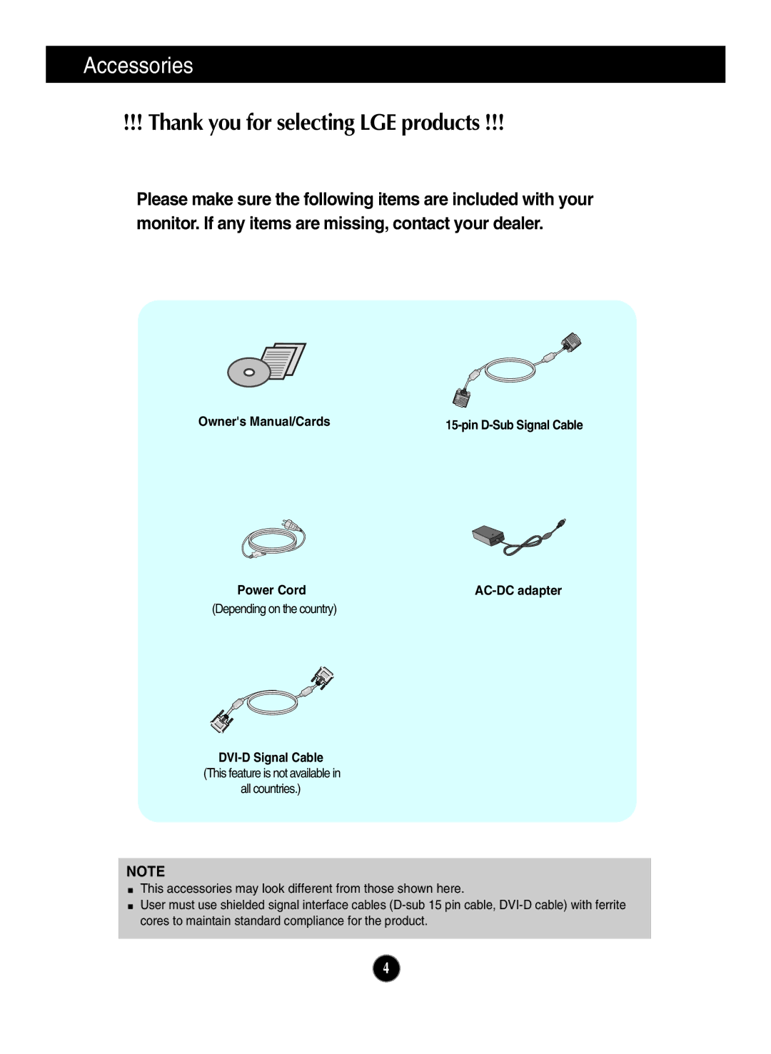 LG Electronics E2290V owner manual Accessories, Thank you for selecting LGE products 